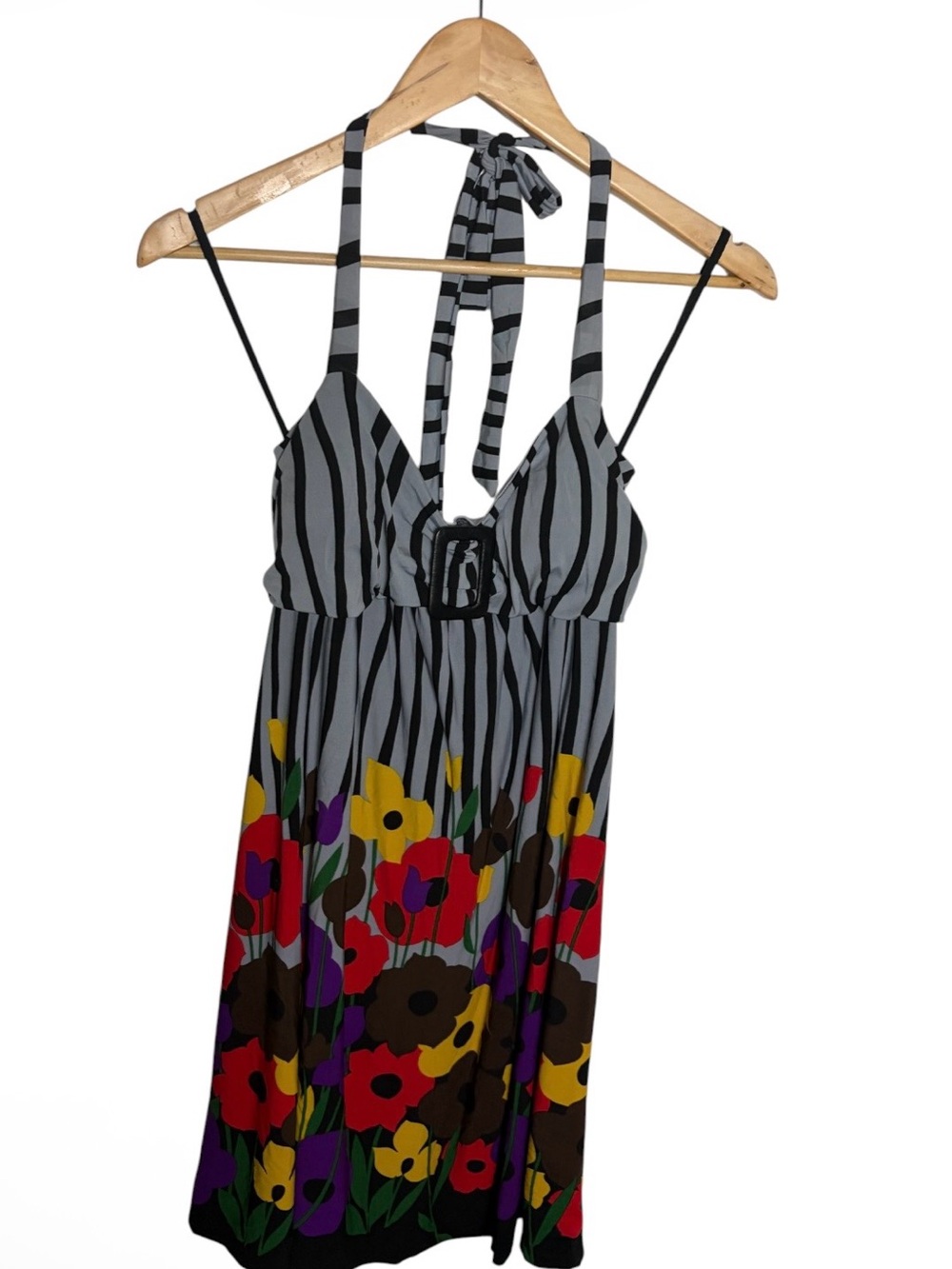 Y2K Wet Seal gray & black striped floral halter tie summer dress size L